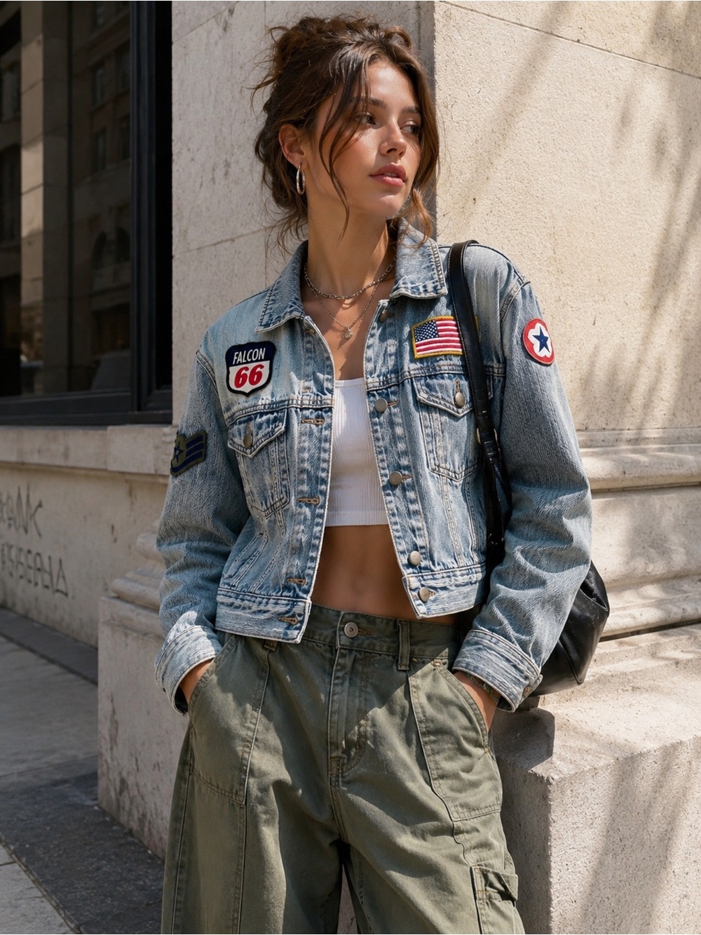 Forever 21 Patch Denim Jacket Medium Vintage Wash Cropped Military Americana